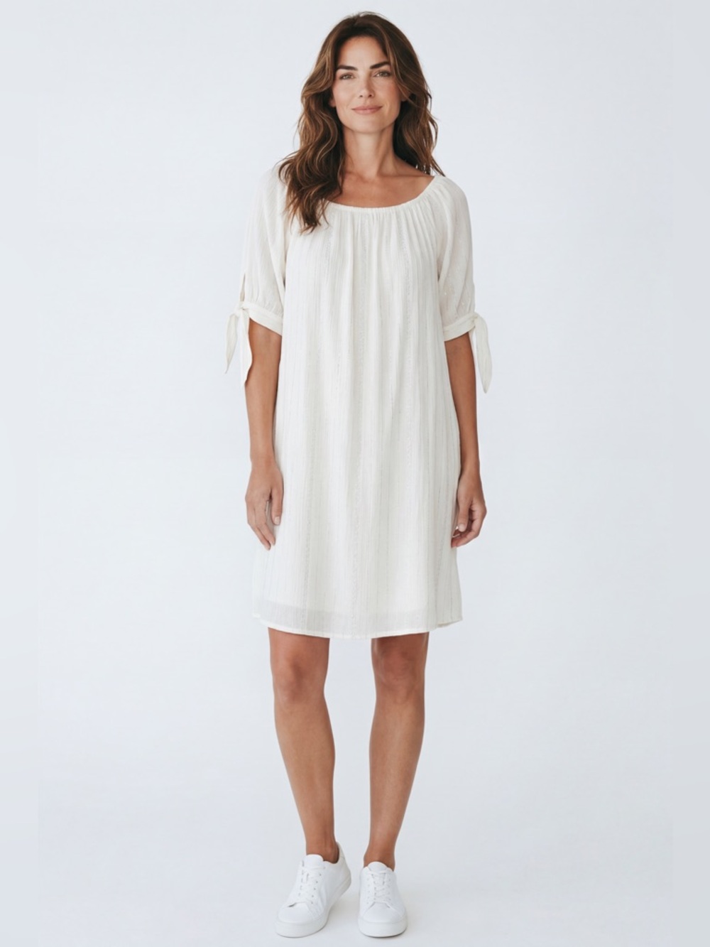 Mille Gabrielle Ivory Metallic Stripe Boho Peasant Dress Medium